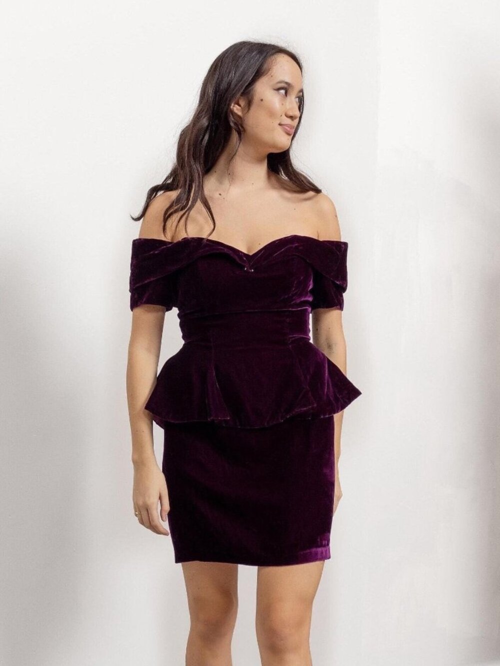 VELVET PROM DRESS Holiday Mini Off The Shoulder Purple Vintage 60's Medium